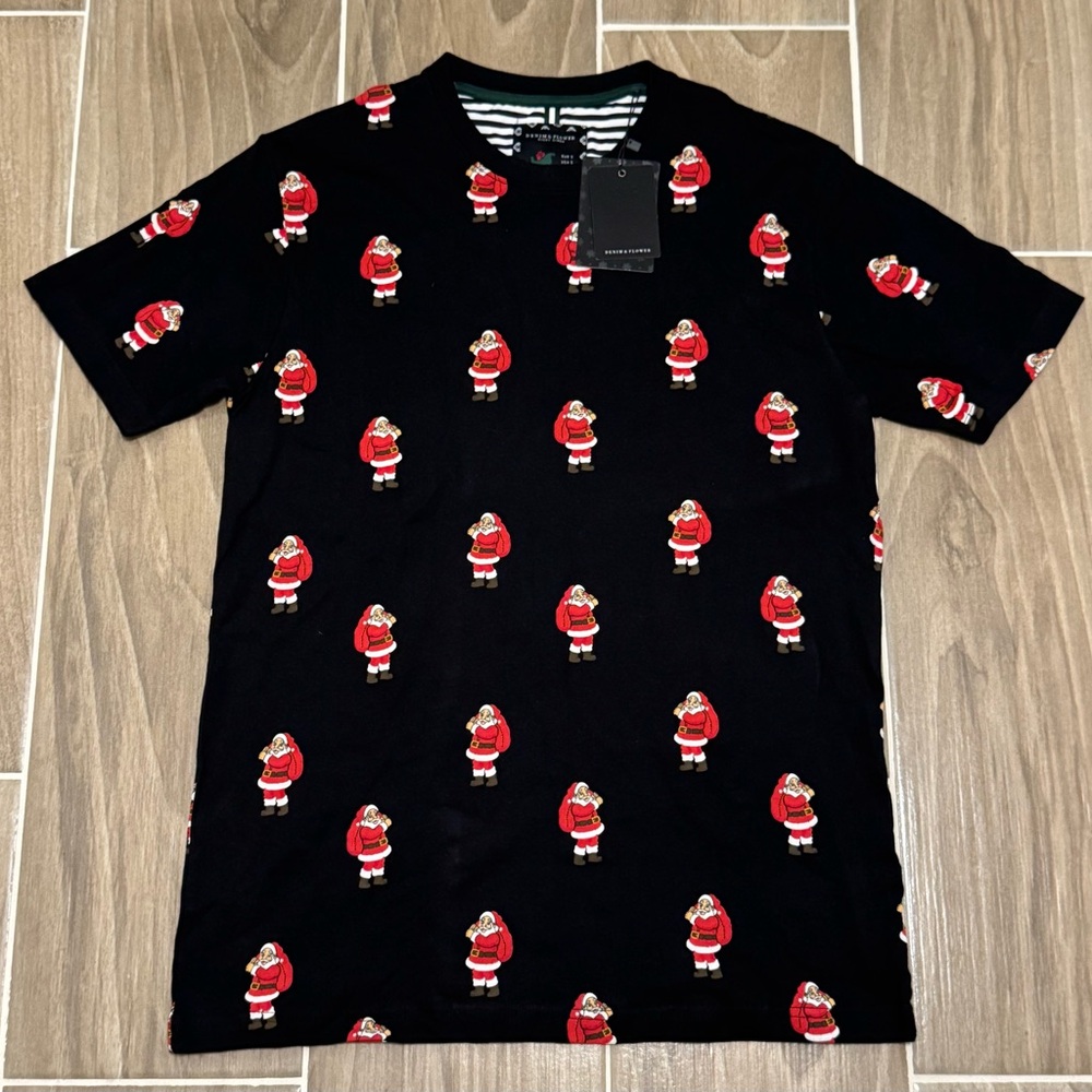 Denim & Flower Black Tee with Santa Print